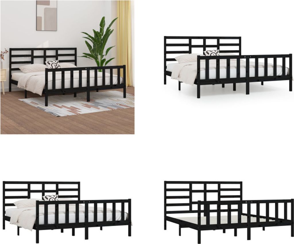 vidaXL Massivholzbett Schwarz Kiefer 200x200 cm - Bettrahmen - Bettgestell - Bett - Holzbett