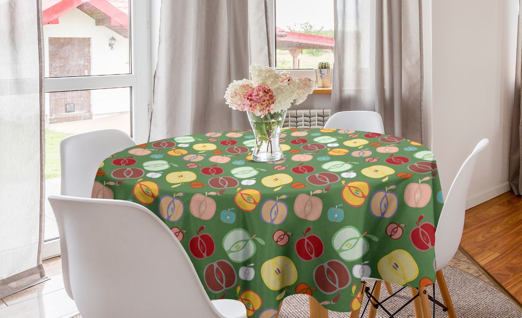 ABAKUHAUS Herbst Runde Tischdecke, Bunte Apple-Gekritzel-Entwurf, Kreis Tischdecke Abdeckung für Esszimmer Küche Dekoration, 150 cm, Resedagrün ...