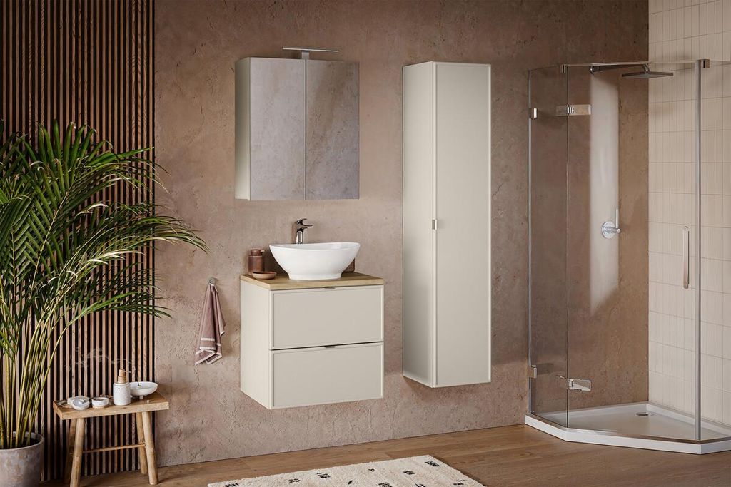 Design Badmöbel Set mit Waschbecken BELLA CASHMERE 60 cm MDF SOFT-CLOSE LED komplettes Badmöbel Set