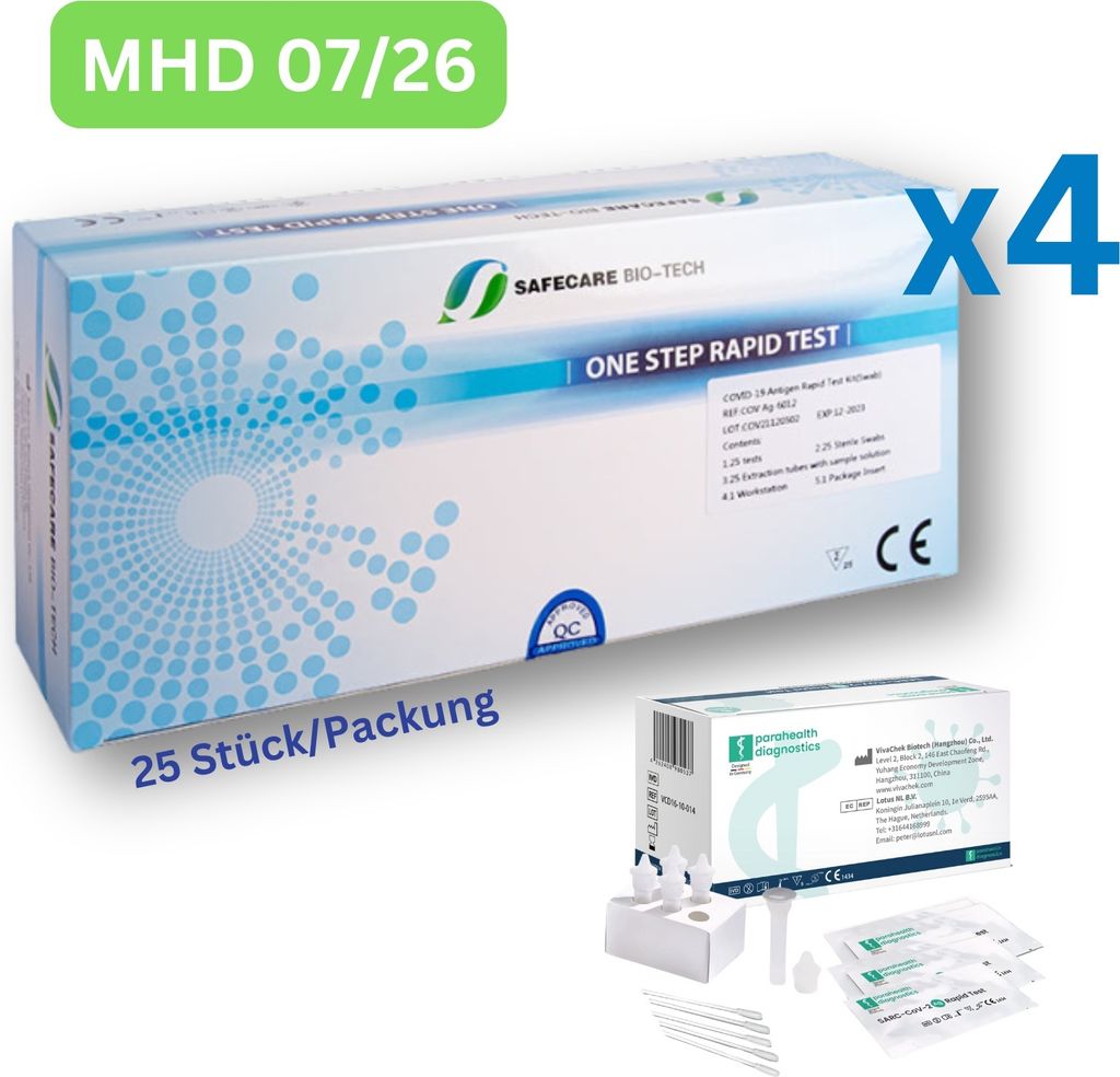 SAFECARE One Step COVID-19 Antigen-Schnelltestkit (3in1)| Laien-Selbsttest 100 Stück MHD 07/26 | 4 x 25er Pack | ID: 2099 | GRATIS parahealth Test...