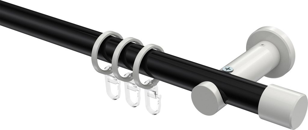 Interdeco Gardinenstange / Vorhangstange Schwarz / Weiß, Typ Platon Santo (Kappe), 20 mm Ø 1-läufig, 280 cm