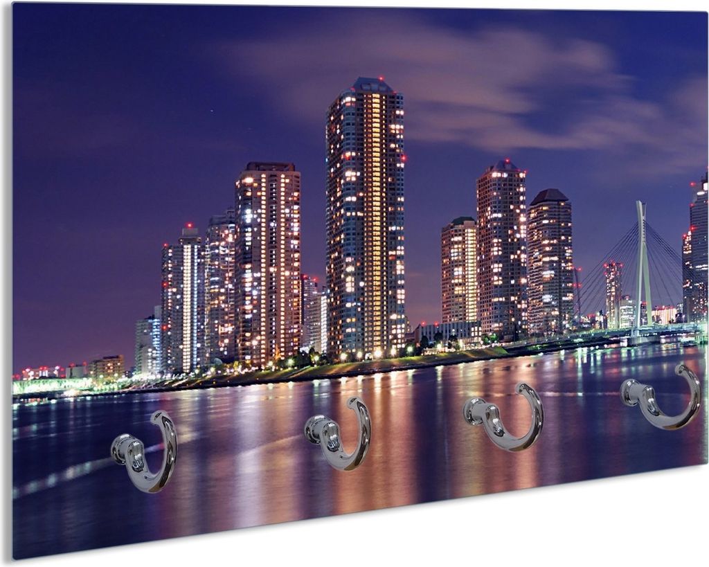 Wallario Handtuchhalter aus Glas, Motiv: Tokyo- Skyline bei Nacht, 30 x 20 cm mit 4 Haken