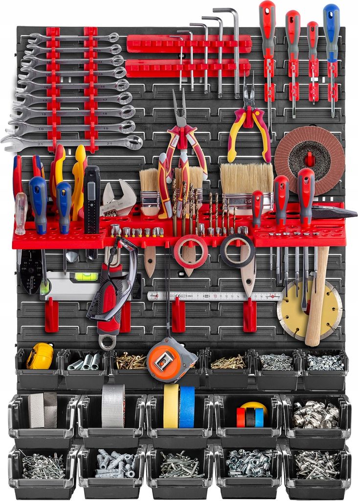 A well-organized tool wall with various tools and storage bins.