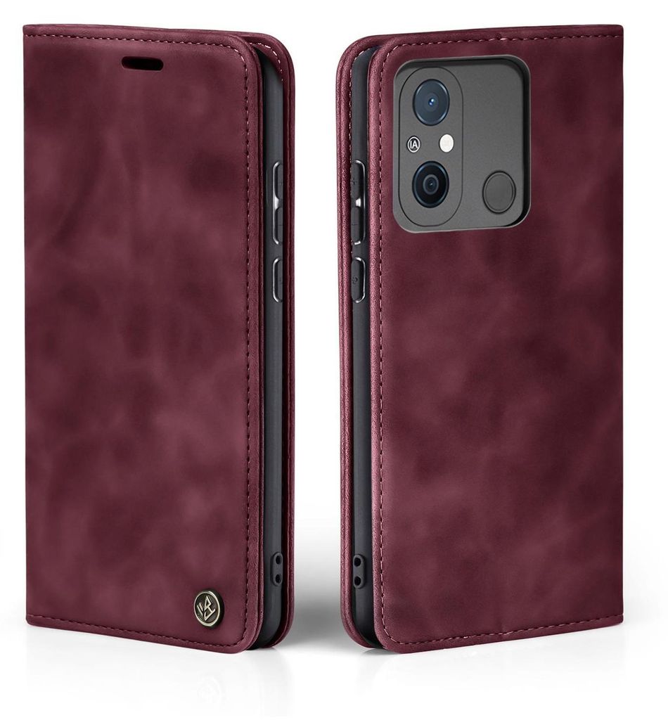 A burgundy flip case for a smartphone is shown from two angles, front and side.