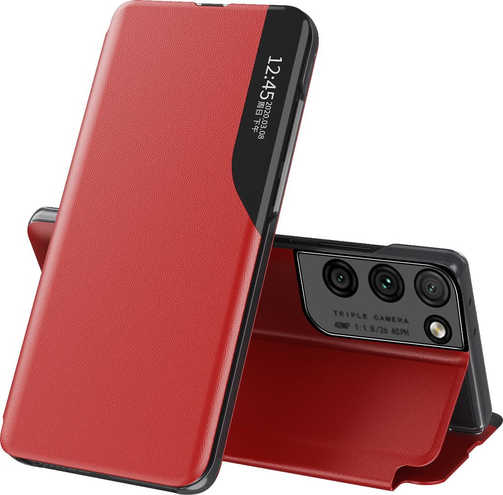 LaimTop Hülle für Samsung Galaxy S21 Ultra 5G, Smart View Fenster Flip Stand Cover Kunstleder Schutzhülle für Samsung Galaxy S21 Ultra 5G Rot