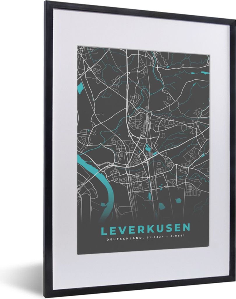 MuchoWow Gerahmtes Poster Stadtplan - Karte - Leverkusen - Blau - Deutschland - Karte 30x40 cm - Poster mit Schwarzem Bilderrahmen Wandposter Rah...
