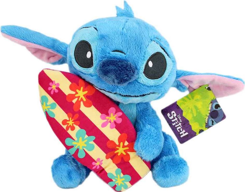 A blue plush Stitch toy holding a surfboard with a floral pattern.