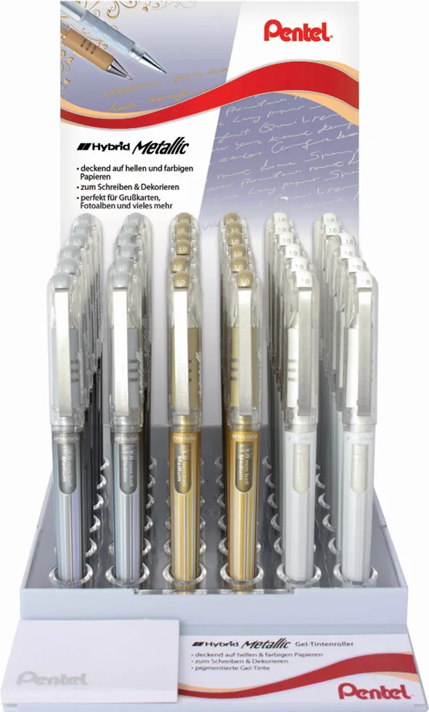 Pentel Gel-Tintenroller K230, gold, silber, weiá, Display
