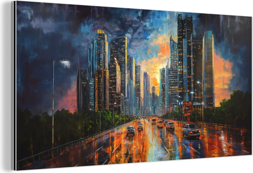 MuchoWow Wanddekoration Metall Metallbild Wandkunst 120x60 cm Auto - Skyline - Sonne - Blau MuchoWow Aluminium Gemälde - Metalbilder