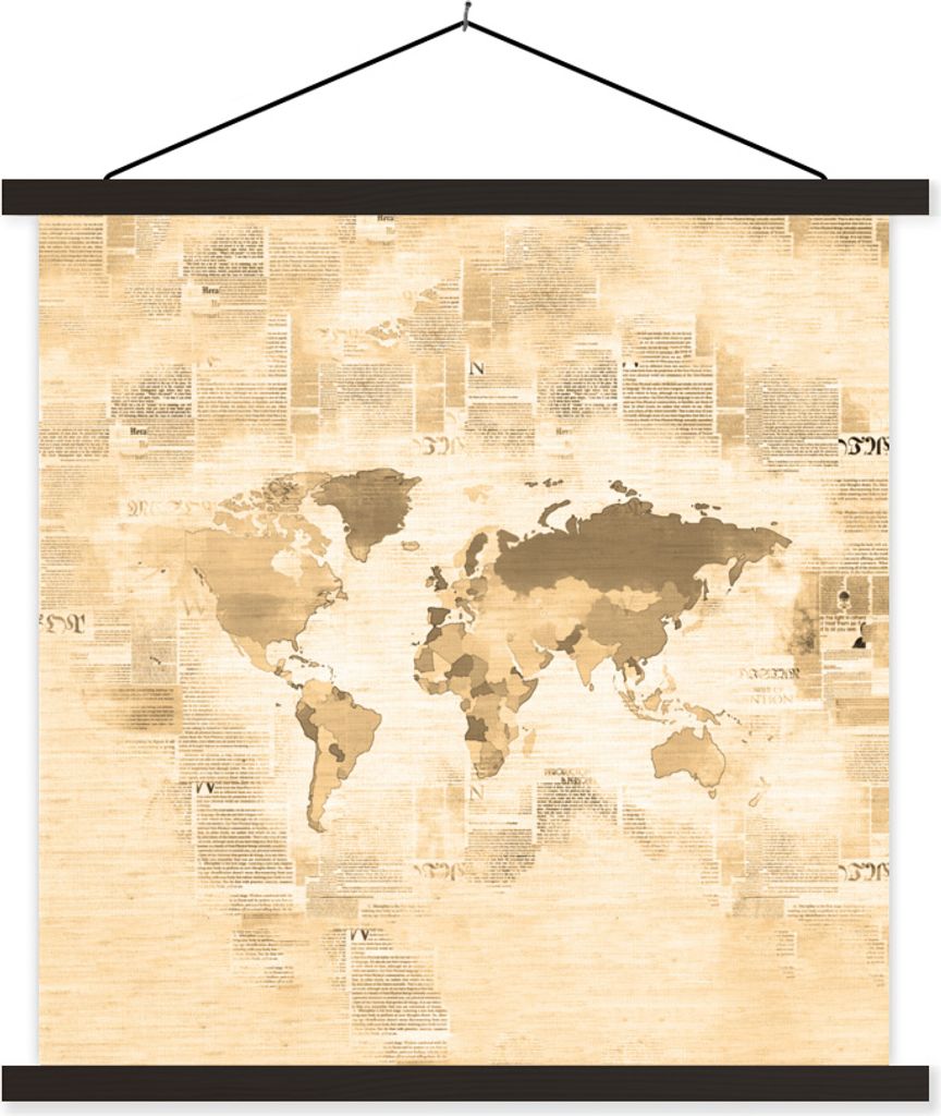 MuchoWow Textilposter Weltkarte - Vintage - Zeitungsdruck 90x90 cm mit schwarzem Rahmen - Magnetisches