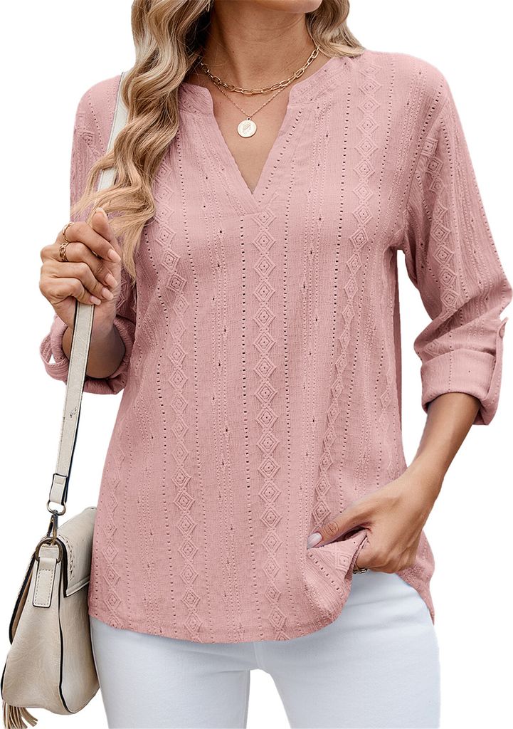 ASKSA Damen Bluse 3/4 aermel V-Ausschnitt Langarmshirt Jacquard Shirts Tunika Elegant Hemd Casual Blusenshirt Basic Oberteile (Rosa,XL)