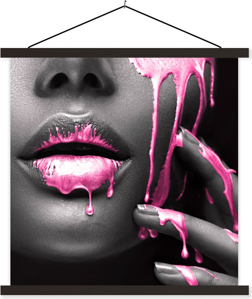 MuchoWow Textilposter Lippen - Rosa - Schwarz 120x120 cm mit schwarzem Rahmen - Aufhängungsset