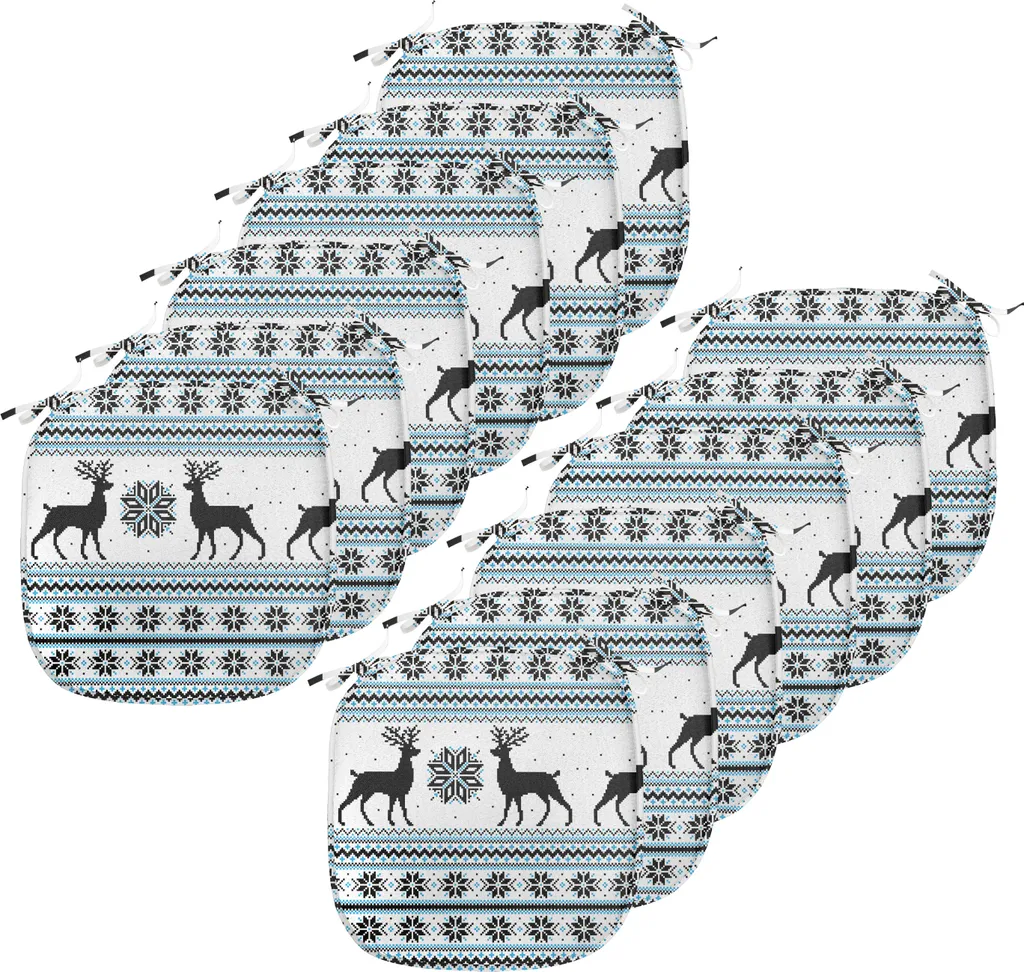 ABAKUHAUS Nordic Cuscini per sedie da pranzo, renna a zig-zag e neve, cuscini decorativi impermeabili con cinturini per sedie da cucina, 40 cm x 40 cm - confezione da 12, nero bianco azzurro cielo