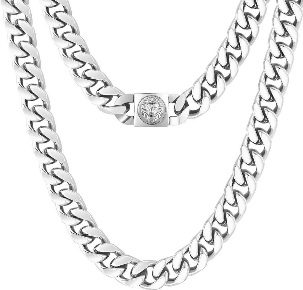 Collier Homme Lion Mort Or 18K et Acier Inox 12mm Chaîne Cubaine Luxe
