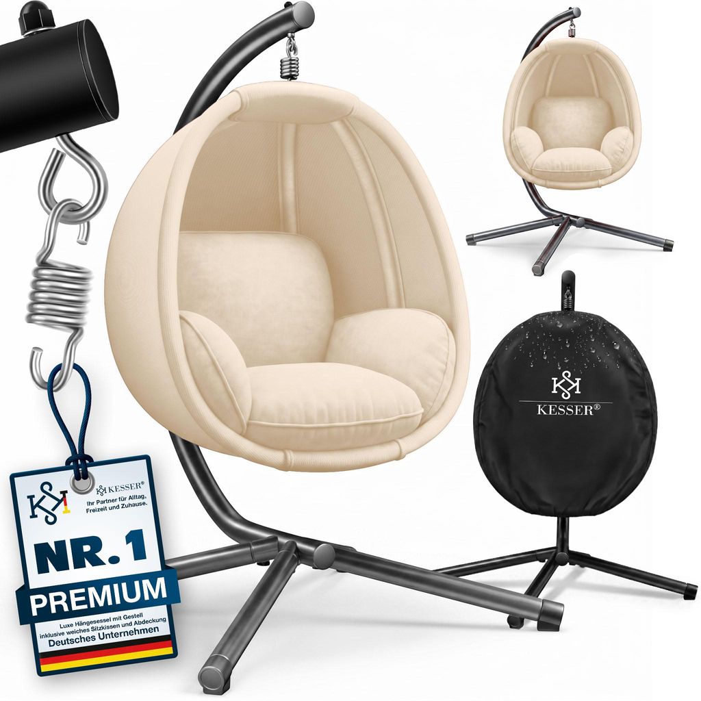 KESSER Luxe Hängesessel mit Gestell + weicher Sitzkissen, Seitenpolsterung, Sitz- und Rückenkissen Hängekorb Indoor & Outdoor, Garten Schaukel...