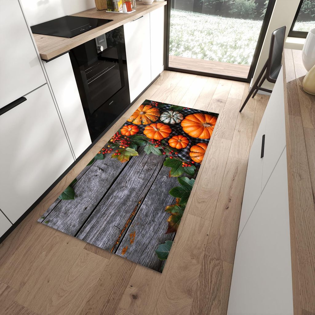 Küchenteppich 90x180cm rutschfest & abwischbar PVC Läufer - Herbstlicher Kürbis
