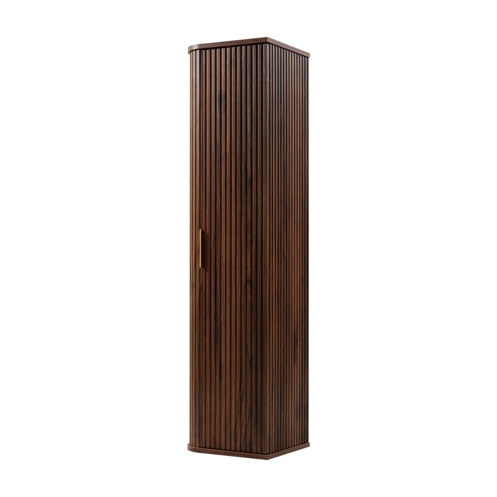 A tall, narrow, dark brown cabinet with vertical slats and a single door on the left side, presented against a white background.