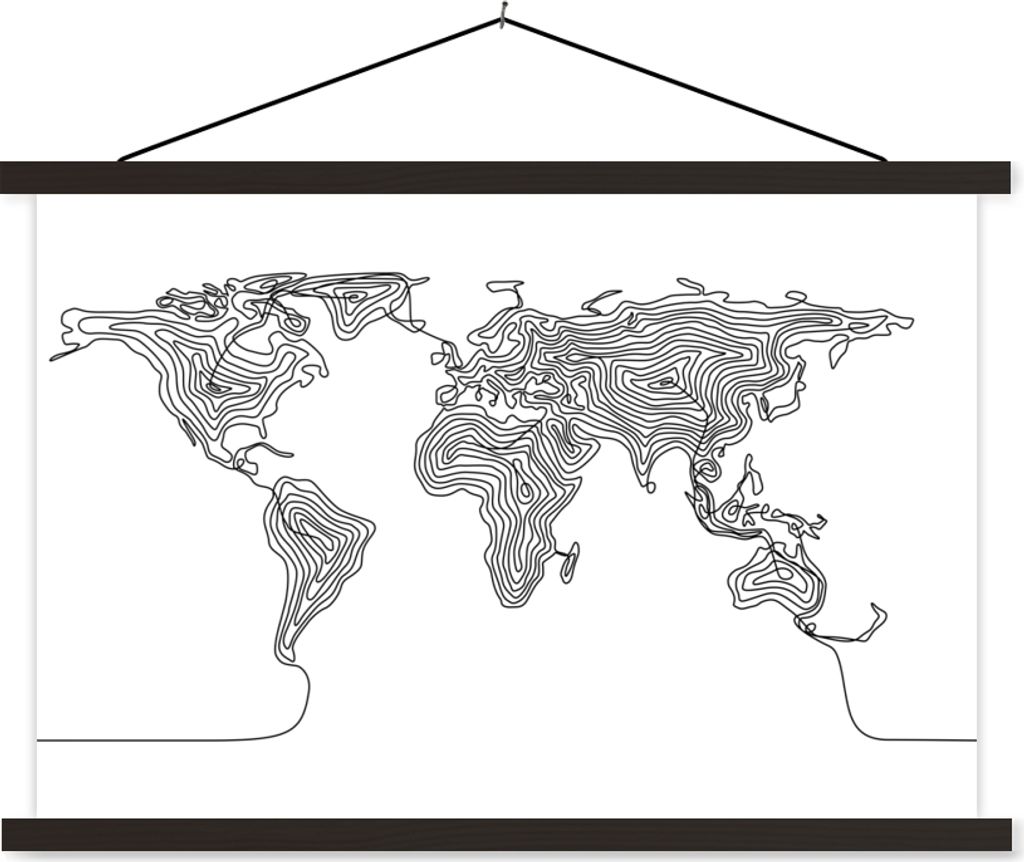 MuchoWow Textilposter Weltkarte - Schwarz - Weiß - Linie 90x60 cm mit schwarzem Rahmen - Aufhängungssatz
