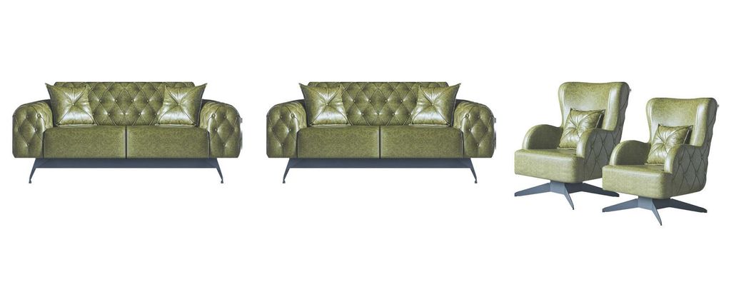 Sofa-Set Kissen Polster 2-Sitzer Leder Sessel Grün Sitzmöbel Chesterfield