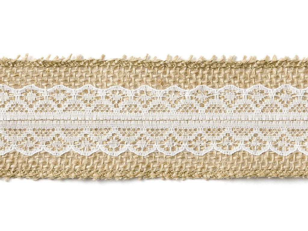 Taśma jutowa z białą koronką dekoracyjna 5 cm x 5 m Zdjęcie produktu 