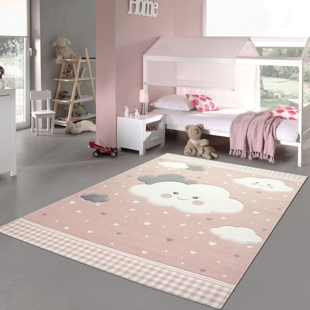 Kinderteppich Spielteppich mit Wolken in Rosa Größe - 160 x 230 cm