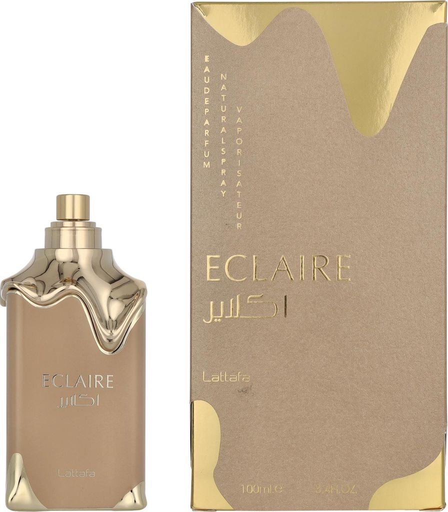 A perfume bottle and its packaging are displayed side-by-side against a white background.