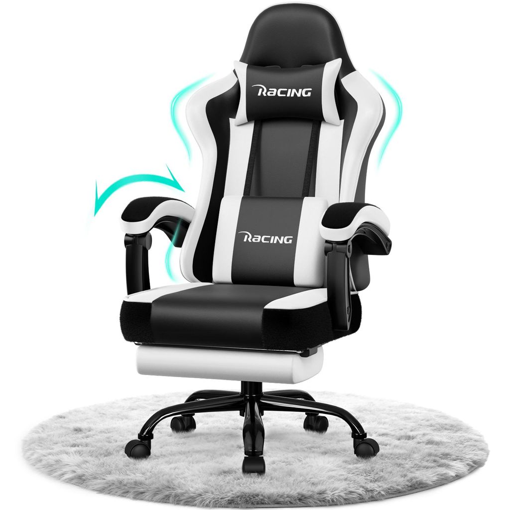 A gaming chair on a fluffy rug.
