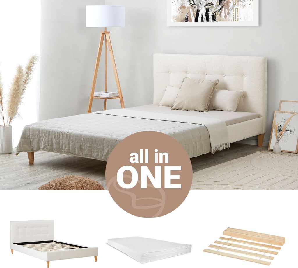 Homestyle4u Polsterbett 140x200 cm mit Matratze und Lattenrost Doppelbett mit Rückenlehne Bouclé Beige
