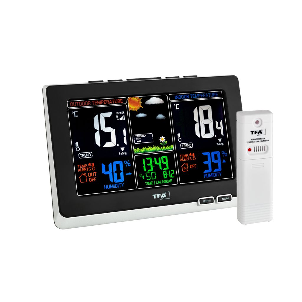 A digital weather station and its remote sensor are displayed against a white background.