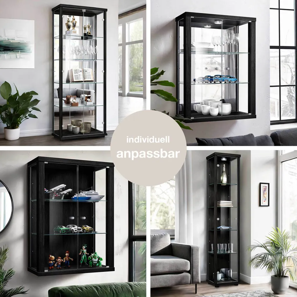 K-Möbel Vitrine Suspendue Noire 80x60cm avec Miroir et Éclairage LED - 13