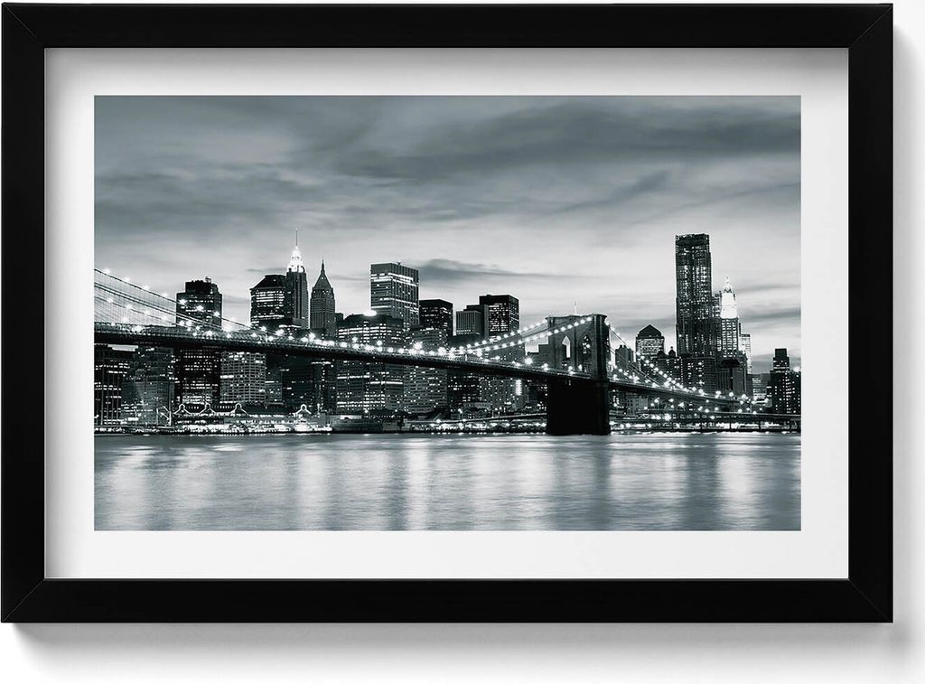 Brooklyn Bridge - Skyline von New York– Wandbild mit Rahmen – Gerahmtes Bild – Wanddekoration – 30x20 cm – Schwarz Rahmen