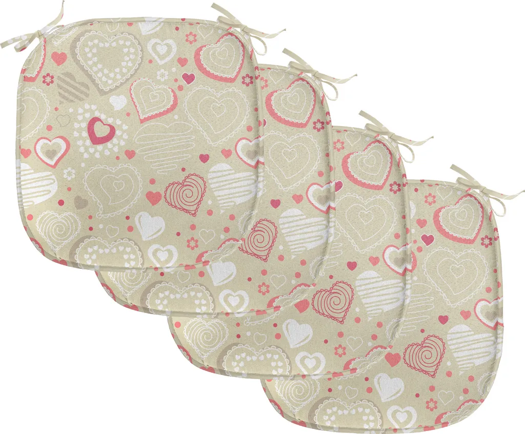 ABAKUHAUS Cuscini di San Valentino per sedie da sala da pranzo, motivi a cuori scarabocchiati, cuscini decorativi impermeabili con cinturini per sedie da cucina, 40 cm x 40 cm, confezione da 4, beige scuro, corallo, bianco