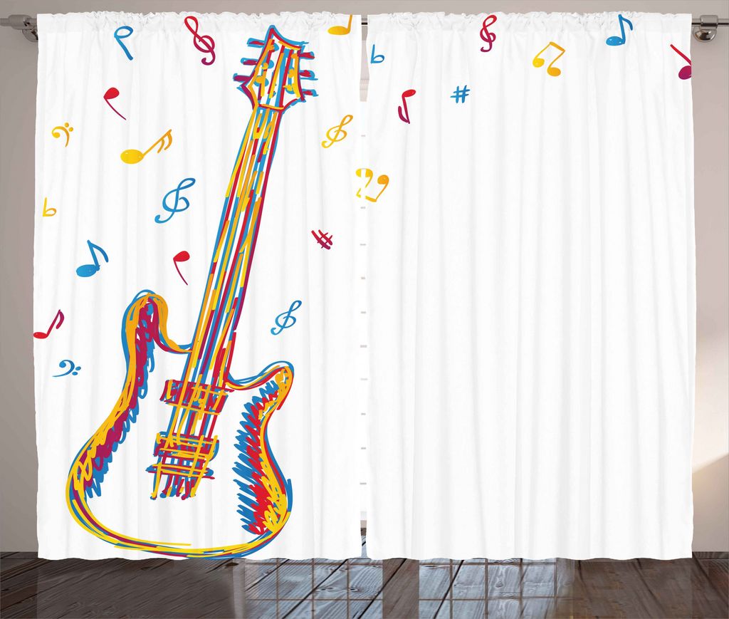 ABAKUHAUS Musik Rustikaler Gardine, Gekritzel-Art-Gitarren-Kunst, Schlafzimmer Kräuselband Vorhang mit Schlaufen und Haken, 280 x 225 cm, Gelb Bla...