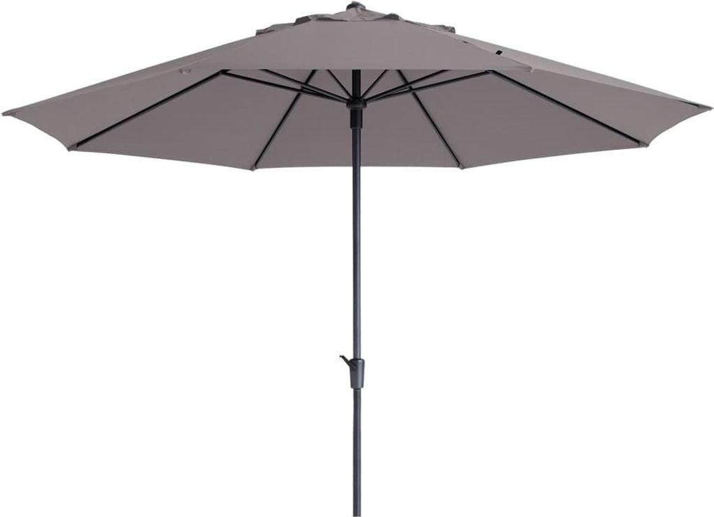 A taupe patio umbrella is shown against a white background.