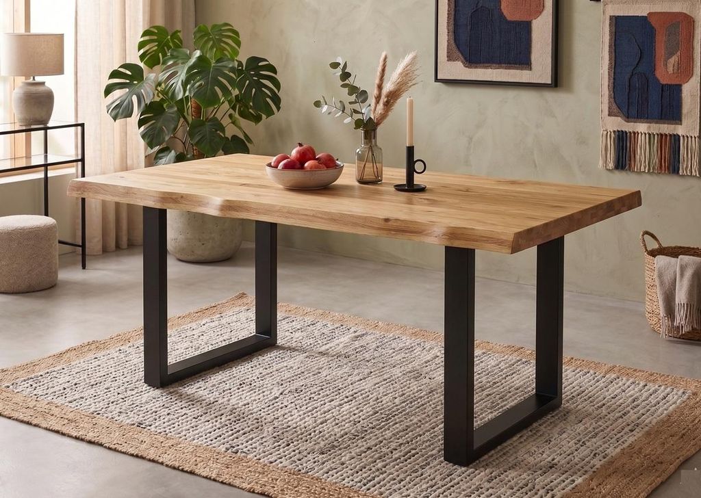 Esstisch 200x100cm Platte 60mm "Clark I" Wildeiche massiv & Metall schwarz