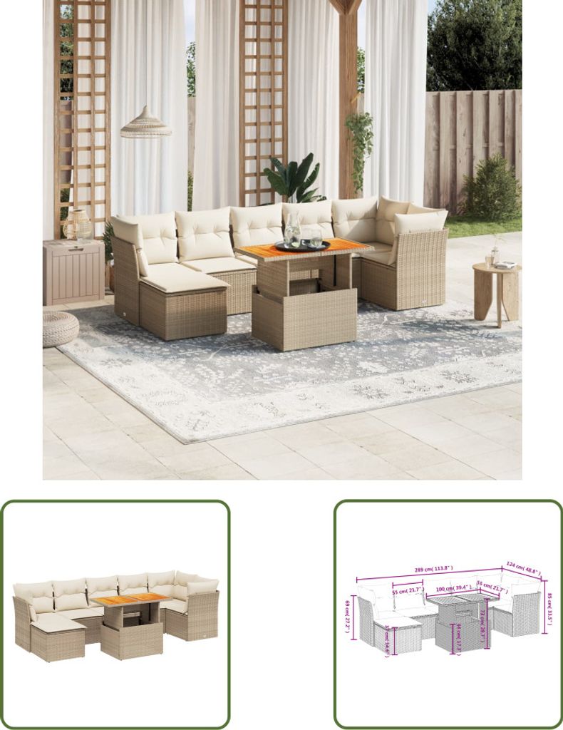The Living Store 8-tlg. Garten-Sofagarnitur mit Kissen Beige Poly Rattan