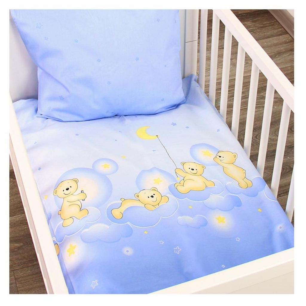 Alvi Bettwäsche-Set für Babys 80x80 & 35x40 – Blau „Bär auf Wolke” – Weiche Baumwolle