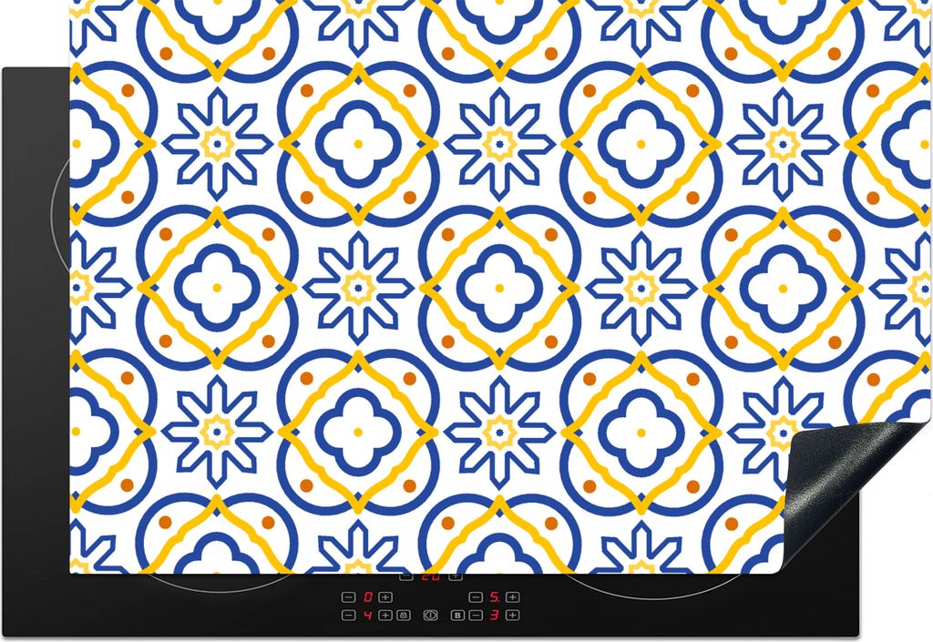 KitchenYeah Herdabdeckplatte Blume - Blau - Gelb - Kacheln - Muster , 76x51cm, Küche Deko, Glaskeramikfeld Herdabdeckung, Abdeckplatte fùr Koch...
