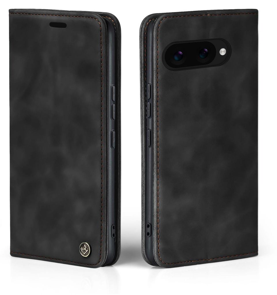 A black flip case for a Google Pixel 9a phone is shown from two angles.