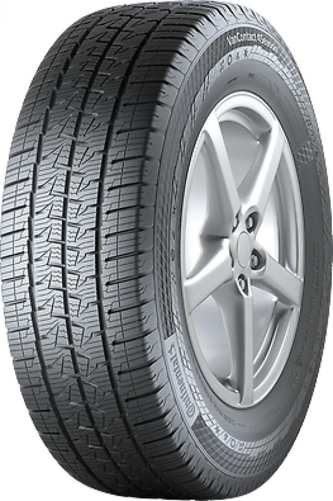A close-up studio shot of a Continental Vancontact 4Season tire mounted on a silver alloy wheel.