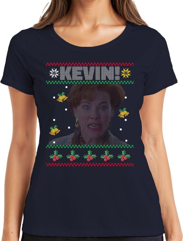 Kate McCallister Kevin Allein zu Haus - Ugly Christmas Sweater Weihnachtsgeschenk Damen T-Shirt, Navy, 3XL