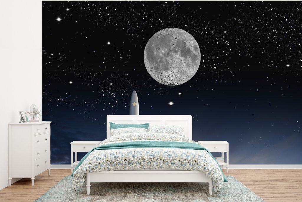 MuchoWow Fototapete für Wohnzimmer oder Schlafzimmer Wandtapete Vinyl Motivtapete Eine Illustration der Raumfähre und des Vollmondes - 350x260 ...