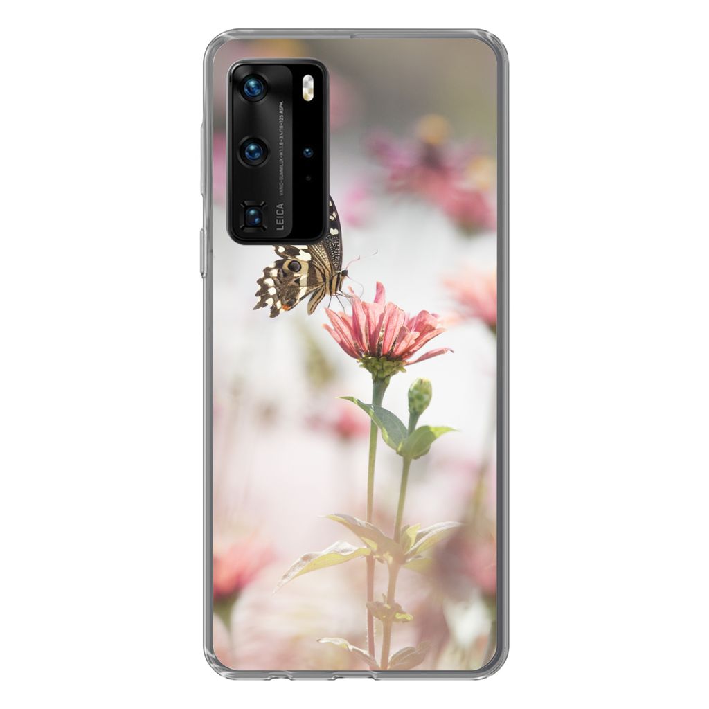 MuchoWow Handyhülle Schutzhülle Hülle für Huawei P40 Pro Schmetterling - Blume - Rosa Silikon Softcase Handy Hülle - Schutz