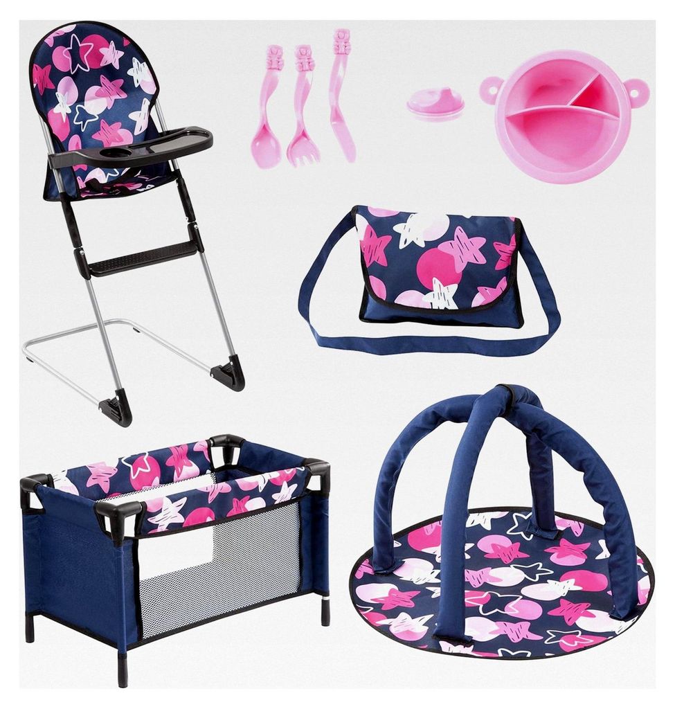 Puppenset 9 in 1 mit Reisebett, Tasche, Spielbogen, Hochstuhl, Plastikgeschirr und Zubehör, blau, pink, Sterne