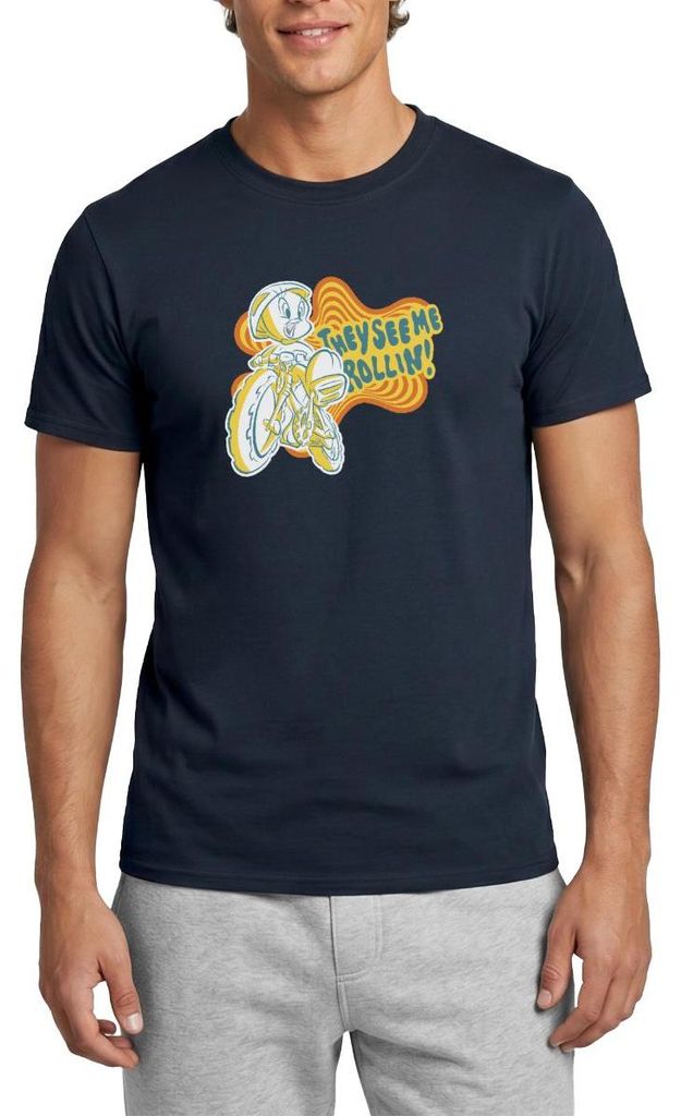 Spreadshirt Looney Tunes They See Me Rollin' Tweety Fahrrad Männer T-Shirt, 4XL, Navy