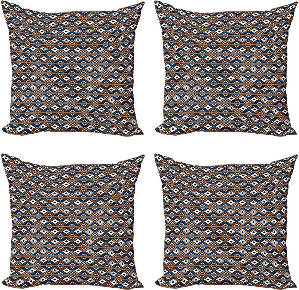 ABAKUHAUS Boho Kissenbezug Set (4 Stück), geometrische Muster, Moderner Doppelseitiger Digitaldruck, 60 cm x 60 cm, Orange Blau und Weiß