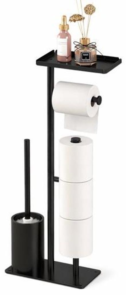 Freistehende Toilettenpapierhalter mit Aufbewahrungsplank - Starker Metall-Toilettentaschenhalter - Raumsparender Badezimmereimer - Schwarz lackiert