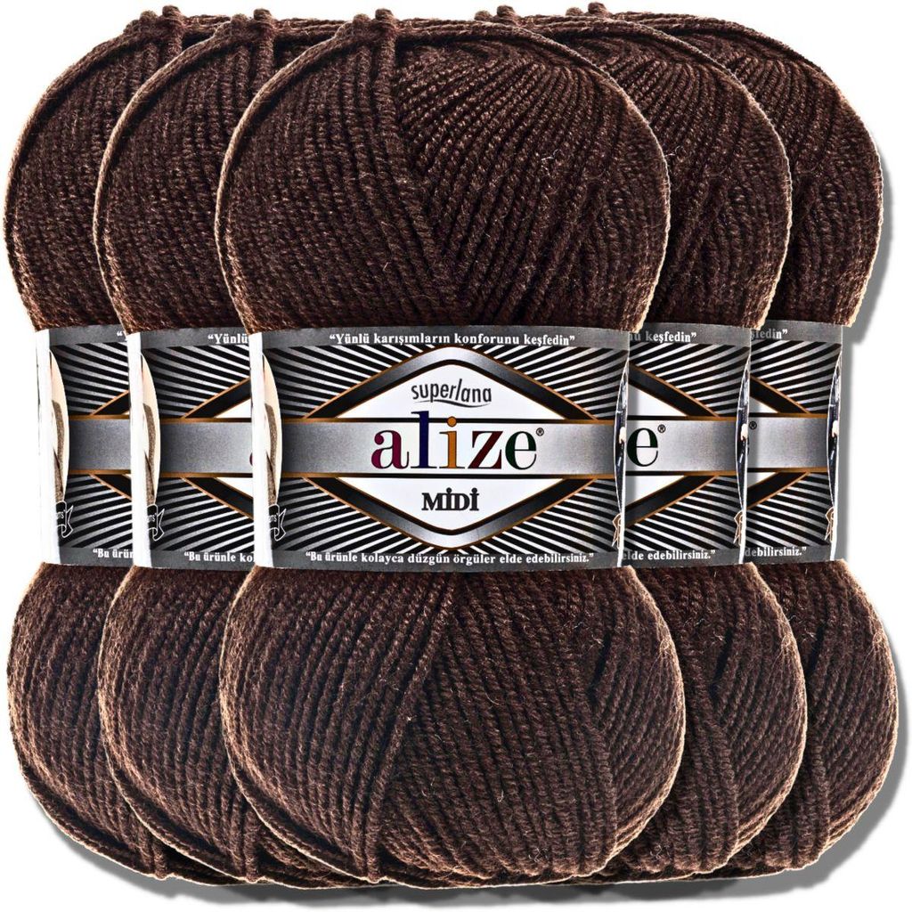 Alize 5x 100g Superlana Midi Wolle, Uni, Häkeln, Stricken (Brown | 26)