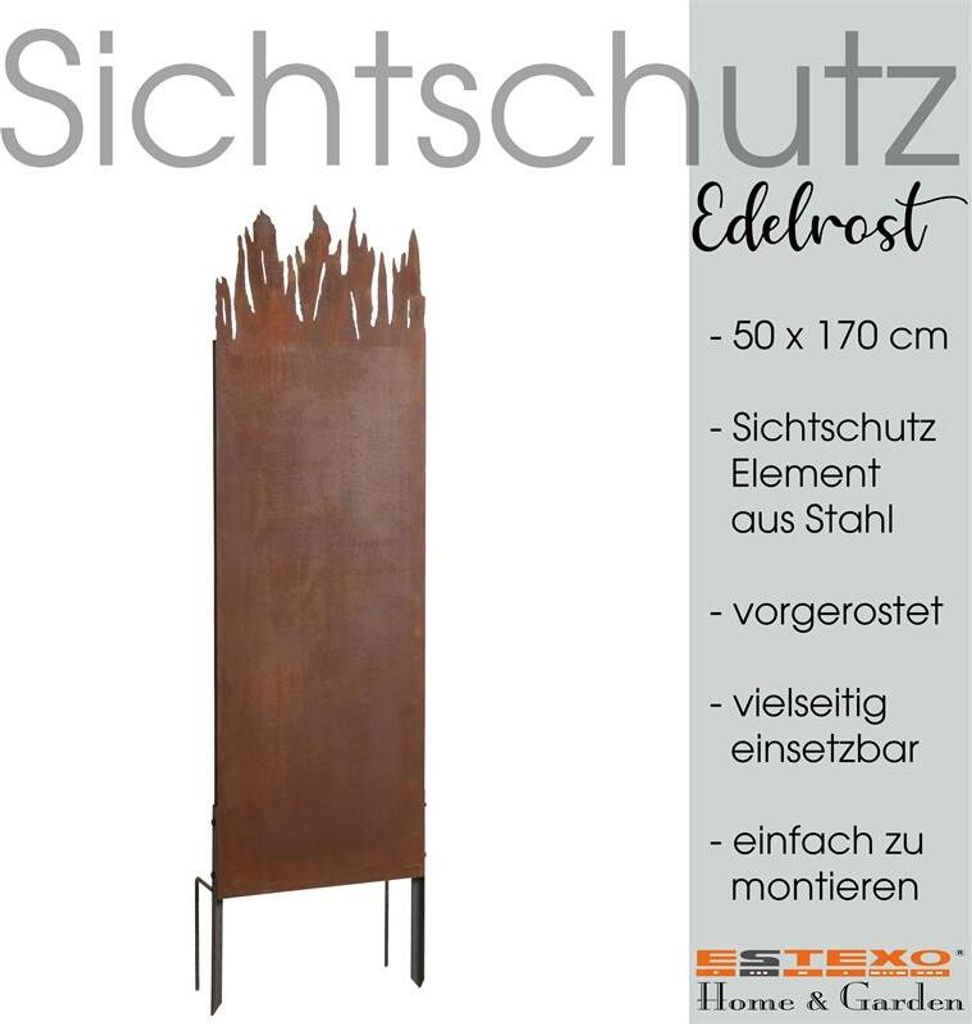 Metall Gartenzaun Sichtschutzwand 170 cm Edel-Rost Sichtschutz-Element Flammen