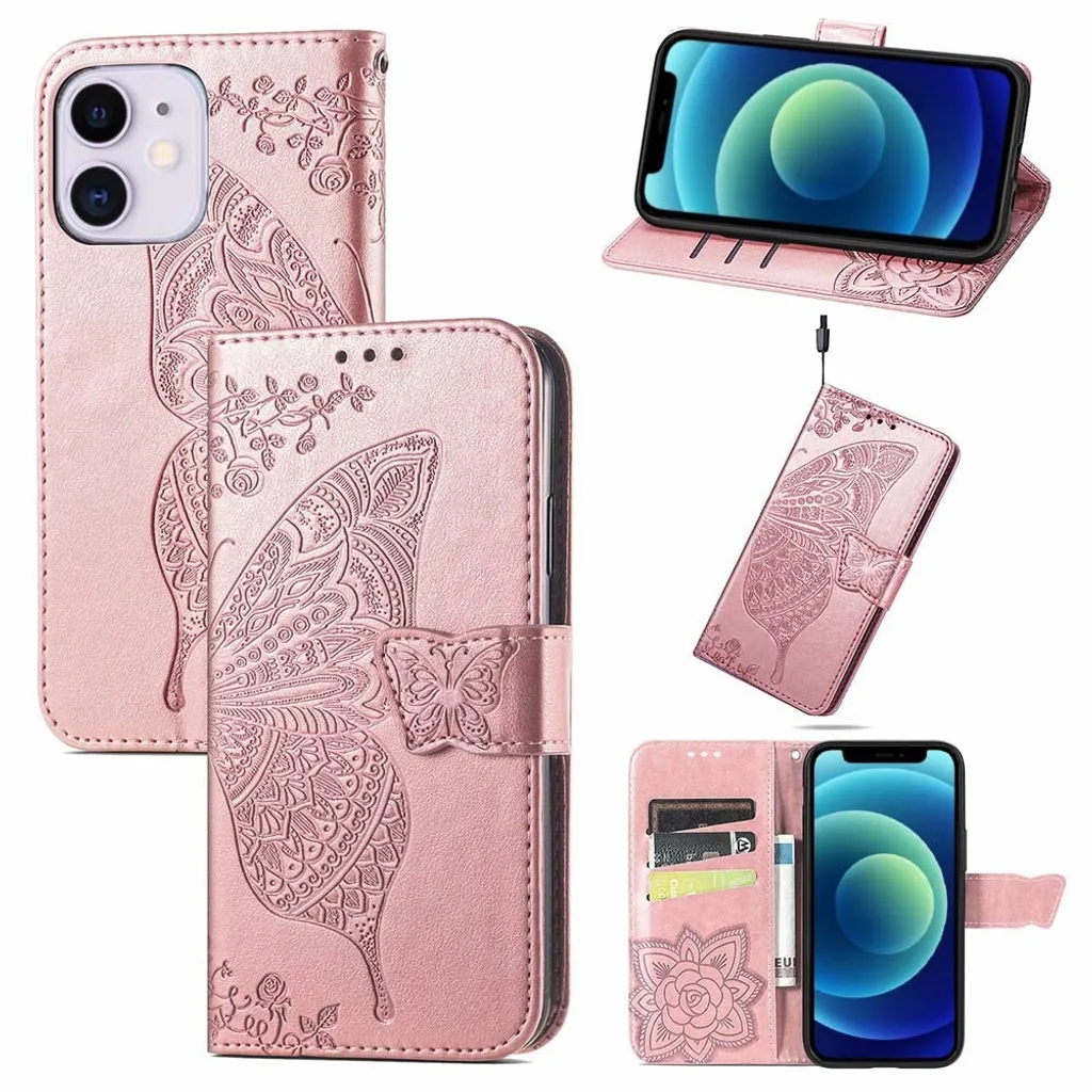 Smartphonica Custodia iPhone 12 Mini Oro Rosa Farfalle in Ecopelle